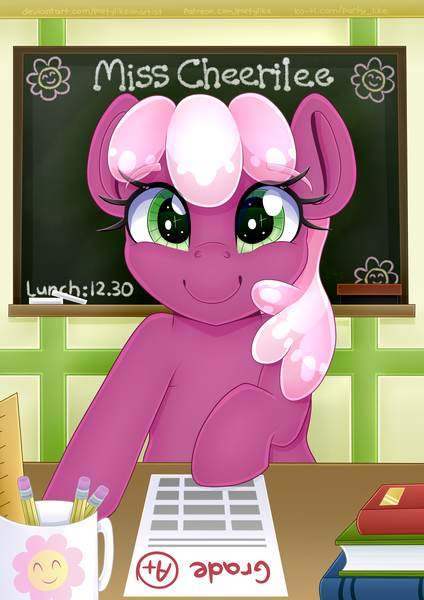 Size: 4208x5952 | Tagged: safe, artist:partylikeanartist, derpibooru import, cheerilee, earth pony, pony, absurd resolution, bipedal, book, chalk, chalkboard, cheeribetes, classroom, cute, desk, looking at you, love me cheerilee, mug, pencil, ponyville schoolhouse, print, school, smiling, solo