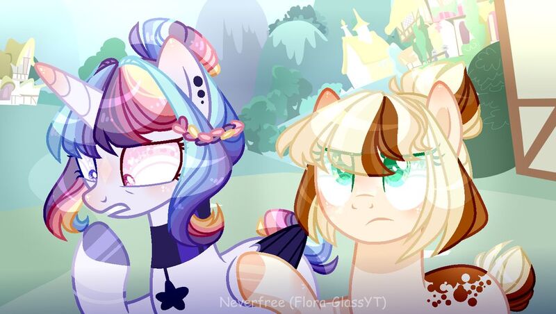 Size: 1024x579 | Tagged: safe, artist:manella-art, derpibooru import, oc, oc:coco, oc:neverfree storm, unofficial characters only, alicorn, earth pony, pony, base used, female, magical lesbian spawn, mare, offspring, parent:applejack, parent:caramel, parent:rainbow dash, parent:twilight sparkle, parents:carajack, parents:twidash