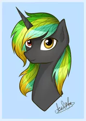 Size: 1080x1520 | Tagged: safe, artist:aselita selter, derpibooru import, oc, oc:izri, unofficial characters only, pony, unicorn, bust, heterochromia, looking at you, portrait, solo