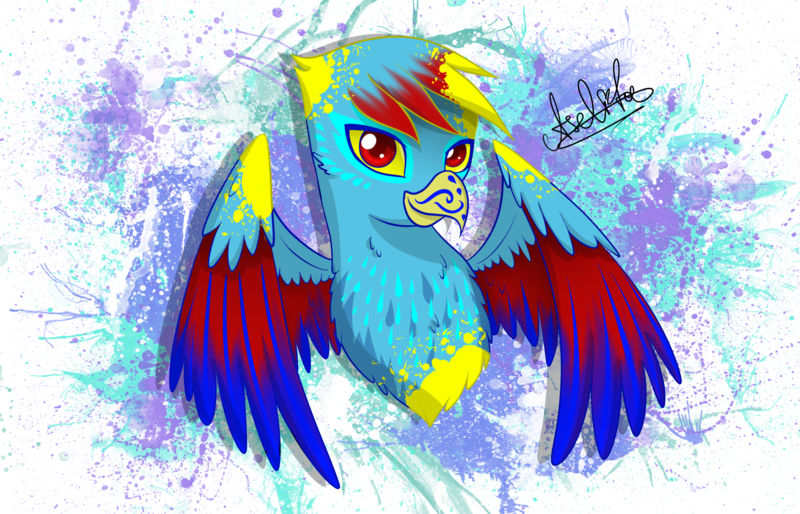 Size: 2800x1800 | Tagged: safe, alternate version, artist:aselita selter, derpibooru import, oc, oc:maksex, unofficial characters only, gryphon, abstract background, bust, looking at you, neon, portrait, solo