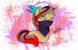 Size: 2800x1800 | Tagged: safe, alternate version, artist:aselita selter, derpibooru import, oc, oc:azelf, unofficial characters only, pony, unicorn, abstract background, bandana, bust, colored pupils, ear piercing, earring, jewelry, looking at you, neon, piercing, portrait, slit eyes, solo