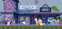 Size: 1366x642 | Tagged: alicorn, applejack, china, clock, daring doubt, derpibooru import, do the sparkle, electric guitar, end of g4, end of ponies, fluttershy, growing up is hard to do, guitar, mane seven, mane six, musical instrument, pinkie pie, ponyclock, rainbow dash, rapper pie, rarity, safe, speakers, spike, starlight glimmer, station, sunglasses, the end, the end is neigh, trixie, twilight sparkle, twilight sparkle (alicorn)