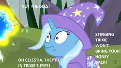 Size: 1280x720 | Tagged: safe, derpibooru import, edit, edited screencap, screencap, trixie, bee, flash bee, insect, pony, a horse shoe-in, dialogue, faic, nicolas cage, not the bees, the wicker man