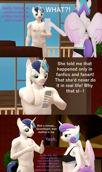 Size: 1920x3240 | Tagged: questionable, artist:papadragon69, derpibooru import, princess flurry heart, shining armor, alicorn, anthro, unicorn, 3d, bra, breasts, casual nudity, clothed female nude male, clothes, comic, female, flurry heart is not amused, implied good clean married sex, implied sex, implied shiningcadance, implied shipping, implied straight, male, nipples, nudity, older, older flurry heart, panties, phone, practitioner of naturism, shining armor is a goddamn moron, small breasts, source filmmaker, strategically covered, unamused, underwear
