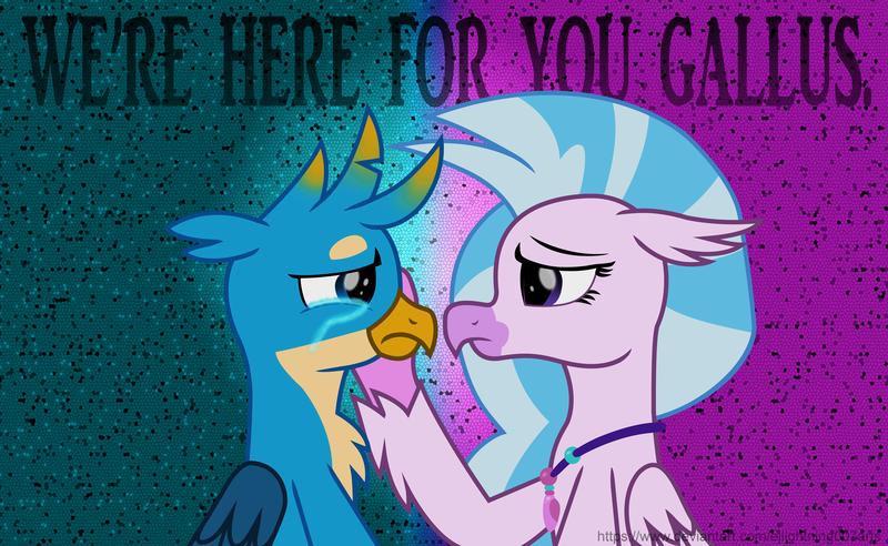 Size: 6340x3900 | Tagged: safe, artist:ejlightning007arts, derpibooru import, edit, gallus, silverstream, gryphon, hippogriff, absurd resolution, crying, female, fixed spelling, gallstream, hand on cheek, implied student six, jewelry, male, necklace, sad, shipping, straight, support