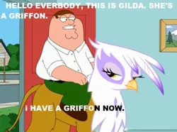 Size: 795x592 | Tagged: safe, derpibooru import, edit, editor:thomasfan45, gilda, gryphon, door, family guy, frown, gritted teeth, humans riding griffons, lidded eyes, meme, peter griffin, riding, solo, talking, text, unamused