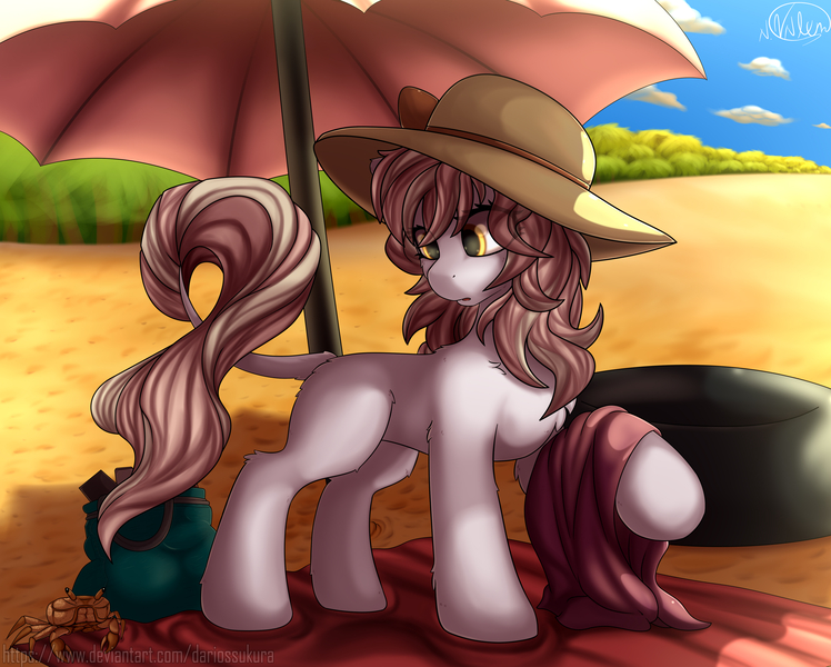 Size: 4416x3543 | Tagged: safe, artist:avery-valentine, derpibooru import, oc, unofficial characters only, crab, earth pony, pony, bag, beach, beach blanket, female, hat, leonine tail, looking at something, mare, solo, sun hat, umbrella