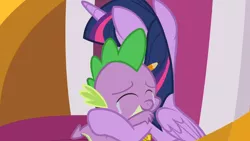 Size: 1600x900 | Tagged: safe, derpibooru import, screencap, spike, twilight sparkle, twilight sparkle (alicorn), alicorn, dragon, the ending of the end, leak, crying, cute, female, hug, male, pencil, series finale, spikabetes, spikelove, tears of joy, the end, winged spike