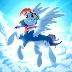 Size: 1450x1450 | Tagged: safe, artist:kiarawizard01, derpibooru import, rainbow dash, pegasus, pony, alternate hairstyle, backlighting, clothes, female, flying, goggles, grin, mare, smiling, solo