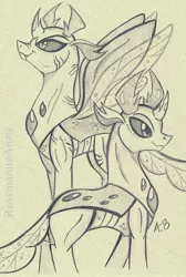 Size: 1556x2314 | Tagged: artist:rossmaniteanzu, brothers, changedling, changedling brothers, changeling, derpibooru import, king thorax, male, pencil drawing, pharynx, prince pharynx, safe, siblings, thorax, traditional art