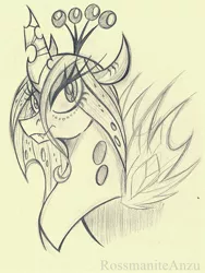 Size: 1523x2023 | Tagged: artist:rossmaniteanzu, changeling, changeling queen, derpibooru import, female, pencil drawing, queen chrysalis, safe, solo, traditional art
