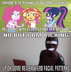 Size: 640x647 | Tagged: safe, derpibooru import, edit, edited screencap, editor:undeadponysoldier, screencap, pinkie pie, sci-twi, sunset shimmer, twilight sparkle, human, bronies react, equestria girls, legend of everfree, animatedjames, caption, clothes, cosplay, costume, deadpool, faic, glasses, image macro, implied gloriosa daisy, implied timber spruce, irl, irl human, meme, photo, ponytail, text