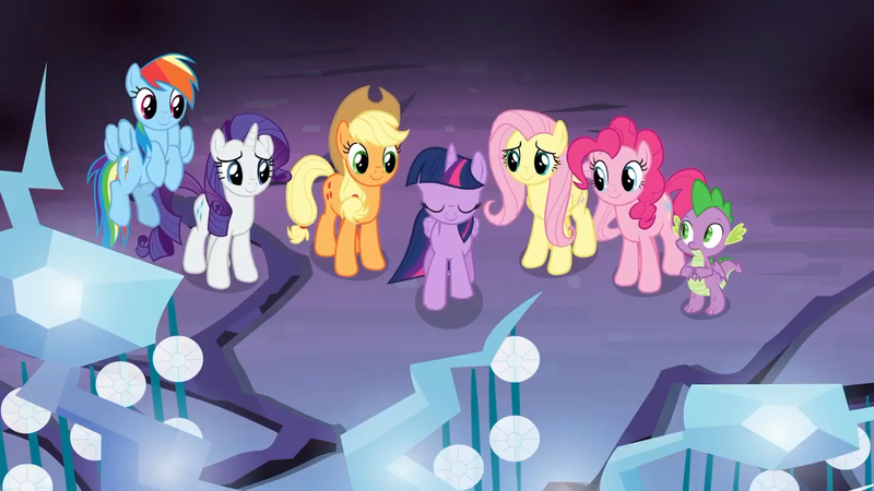 Size: 1280x720 | Tagged: safe, derpibooru import, screencap, applejack, fluttershy, pinkie pie, rainbow dash, rarity, spike, twilight sparkle, twilight sparkle (alicorn), alicorn, dragon, earth pony, pegasus, pony, the beginning of the end, applejack's hat, claws, cowboy hat, cutie mark, eyes closed, female, hat, male, mane seven, mane six, mare, tail, winged spike, wings