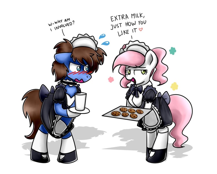 Size: 2048x1638 | Tagged: safe, artist:sugar morning, derpibooru import, oc, oc:bizarre song, oc:sugar morning, blushing, clothes, cookie, crossdressing, embarrassed, female, food, maid, male, mare, milk, oc x oc, shipping, stallion, straight, sugarre