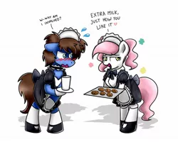 Size: 2048x1638 | Tagged: safe, artist:sugar morning, derpibooru import, oc, oc:bizarre song, oc:sugar morning, blushing, clothes, cookie, crossdressing, embarrassed, female, food, maid, male, mare, milk, oc x oc, shipping, stallion, straight, sugarre