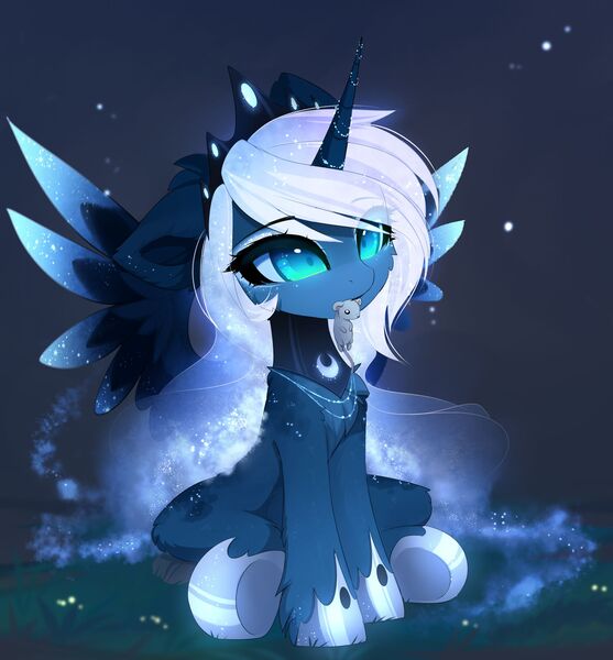 Size: 1920x2069 | Tagged: safe, artist:magnaluna, derpibooru import, princess luna, alicorn, mouse, pony, behaving like a cat, catching, cheek fluff, chest fluff, crown, cute, ear fluff, ethereal mane, eye clipping through hair, female, jewelry, leg fluff, lunabetes, mare, mouth hold, regalia, sitting, solo, spread wings, wings