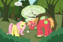 Size: 900x609 | Tagged: safe, artist:ellisarts, derpibooru import, big macintosh, fluttershy, pony, deviantart watermark, female, flower, fluttermac, male, obtrusive watermark, shipping, straight, tree, watermark