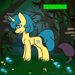 Size: 1350x1350 | Tagged: safe, artist:cornelia_nelson, derpibooru import, oc, unofficial characters only, pony, unicorn, animated, everfree forest, forest, game hud, gif, pixel art, scared, tentacles, tired