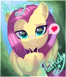 Size: 831x961 | Tagged: safe, artist:auroracursed, derpibooru import, fluttershy, butterfly, pegasus, pony, blushing, bust, cute, deviantart watermark, female, full face view, heart, hi, hooves to the chest, looking at you, mare, name, obtrusive watermark, outdoors, pictogram, portrait, shyabetes, smiling, solo, speech bubble, watermark, wings