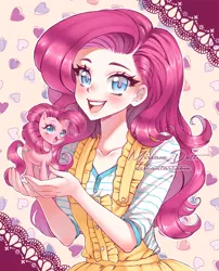 Size: 700x868 | Tagged: safe, artist:miriamdott, derpibooru import, pinkie pie, human, pony, anime, beautiful, blushing, clothes, cute, diapinkes, dress, female, heart, human ponidox, humanized, looking at you, no more ponies at source, open mouth, self ponidox, tiny, tiny ponies