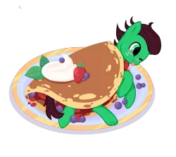 Size: 2382x2121 | Tagged: safe, artist:funfoxyt, derpibooru import, oc, oc:northern haste, pony, blueberry, blushing, food, horse meat, meat, mint leaves, pancakes, pony as food, simple background, strawberry, tongue out, transparent background, whipped cream