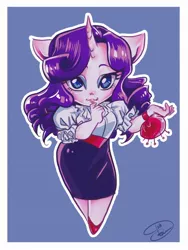 Size: 768x1024 | Tagged: anthro, artist:dinakyo, blouse, chibi, clothes, derpibooru import, full face view, looking at you, outline, pincushion, rarity, safe, shoes, simple background, skirt, solo, standing, white outline