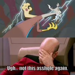 Size: 710x710 | Tagged: annoyed, captain picard, derpibooru import, discord, enterprise bridge, exploitable meme, funny, laughing, lightning, male, meme, memeception, q (star trek: the next generation), safe, screencap, star trek, star trek: the next generation, the return of harmony, vulgar