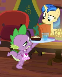 Size: 454x567 | Tagged: safe, derpibooru import, screencap, mystic moonlight, spike, dragon, pony, unicorn, the point of no return, apron, clothes, cropped, female, food, male, mare, naked apron, tail, toes, tray, water, winged spike, wings