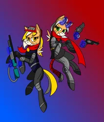 Size: 1917x2251 | Tagged: safe, artist:derpanater, derpibooru import, oc, oc:cold iron, oc:vibraphone echo, bicorn, cyborg, dullahan, pony, undead, fallout equestria, fallout equestria: dance of the orthrus, armor, disembodied head, fanfic art, gun, handgun, headless, horn, mirage pony, multiple horns, paragon, pipbuck, red hat, red scarf, renegade, revolver, rifle, small wings, spirit, spirit of death, stripes, tail wrap, weapon, wings