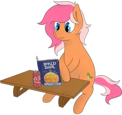 Size: 1088x1033 | Tagged: safe, artist:feelingpeachy, derpibooru import, oc, oc:peachy, unofficial characters only, earth pony, pony, blue eyes, book, book cover, cover, crossed hooves, freckles, james and the giant peach, male, reading, simple background, sitting, soda, soda can, solo, stallion, table, transparent background