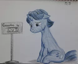 Size: 2954x2448 | Tagged: safe, artist:rockhoppr3, derpibooru import, november rain, pony, unicorn, student counsel, crying, friendship student, male, sad, sign, solo, stallion, traditional art