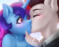 Size: 5000x4000 | Tagged: safe, artist:torisan, derpibooru import, oc, unofficial characters only, anthro, earth pony, unicorn, blushing, clothes, commission, earth pony oc, female, horn, kissing, male, straight, surprised, unicorn oc, wide eyes, ych result