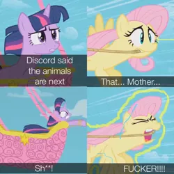 Size: 710x710 | Tagged: safe, derpibooru import, edit, edited screencap, editor:minezombie27, screencap, fluttershy, twilight sparkle, pegasus, pony, the return of harmony, aura, badass, dragon ball z, electricity, female, flutterbadass, flying, funny, mare, meme, rage, rage face, snapchat, super saiyan, super saiyan fluttershy, this will end in death, vulgar