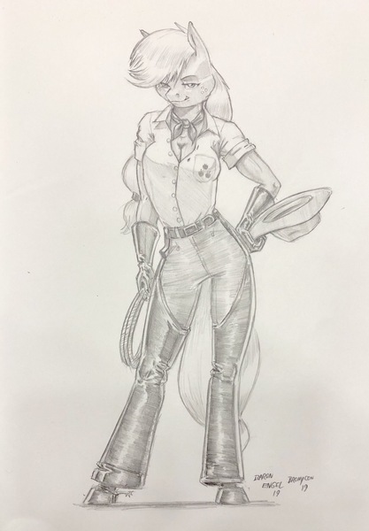 Size: 1422x2048 | Tagged: anthro, applejack, artist:baron engel, belt, breasts, chaps, cleavage, clothes, cowboy hat, cowgirl, cowgirl outfit, derpibooru import, female, gloves, hat, jeans, lasso, monochrome, pants, pencil drawing, rope, safe, solo, spurs, stetson, traditional art, unguligrade anthro