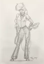 Size: 1422x2048 | Tagged: anthro, applejack, artist:baron engel, belt, breasts, chaps, cleavage, clothes, cowboy hat, cowgirl, cowgirl outfit, derpibooru import, female, gloves, hat, jeans, lasso, monochrome, pants, pencil drawing, rope, safe, solo, spurs, stetson, traditional art, unguligrade anthro