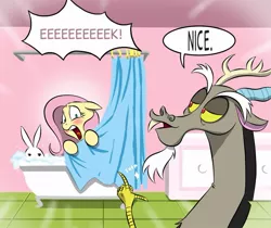 Size: 1023x861 | Tagged: angel bunny, artist:doublewbrothers, bath, bathtub, blushing, claw foot bathtub, cropped, derpibooru import, discord, edit, eek, fluttershy, implied nudity, invasion, nice, peeping tom, safe, screaming, shower, shower curtain, snap, we don't normally wear clothes