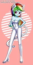 Size: 670x1300 | Tagged: suggestive, artist:twilite-sparkleplz, derpibooru import, rainbow dash, equestria girls, bare shoulders, bodysuit, breasts, cat ears, cat tail, catsuit, cleavage, clothes, commission, female, high heels, latex, latex suit, sexy, shoes, sleeveless, solo, solo female, strapless, stupid sexy rainbow dash