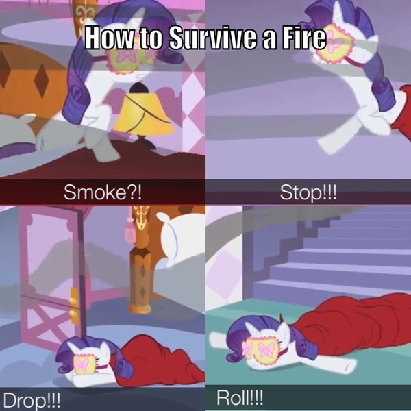 Size: 710x710 | Tagged: safe, derpibooru import, edit, edited screencap, screencap, rarity, unicorn, sisterhooves social, bed, bedroom, blanket, blindfold, caption, falling, female, funny, image macro, lamp, mare, meme, panicking, pillow, sleep mask, smoke, solo, stairs, stop drop and roll, stop flop and roll, survival of the idiots, text, woken up at a bad time, wrapped up