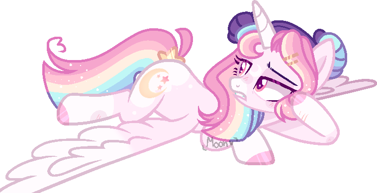 Size: 758x389 | Tagged: safe, artist:moon-rose-rosie, derpibooru import, oc, oc:celestial moon, alicorn, pony, ahoge, alicorn oc, annoyed, blushing, female, hairpin, horn, leaning, lying down, magical lesbian spawn, multicolored hair, offspring, parent:rainbow dash, parent:twilight sparkle, prone, rainbow hair, scar, simple background, transparent background, wings