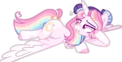 Size: 758x389 | Tagged: safe, artist:moon-rose-rosie, derpibooru import, oc, oc:celestial moon, alicorn, pony, ahoge, alicorn oc, annoyed, blushing, female, hairpin, horn, leaning, lying down, magical lesbian spawn, multicolored hair, offspring, parent:rainbow dash, parent:twilight sparkle, prone, rainbow hair, scar, simple background, transparent background, wings