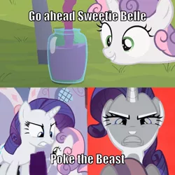 Size: 710x710 | Tagged: safe, derpibooru import, edit, edited screencap, editor:minezombie27, screencap, rarity, sweetie belle, unicorn, sisterhooves social, angry eyes, argument, bad edit, caption, female, filly, grape juice, image macro, juice, mare, red background, siblings, simple background, sisters, smiling, text