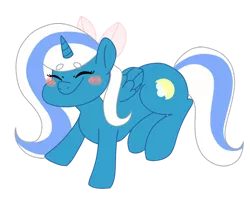 Size: 640x525 | Tagged: safe, artist:megatronsthiccthighs, derpibooru import, oc, oc:fleurbelle, alicorn, pony, alicorn oc, blushing, bow, cute, eyes closed, female, hair bow, happy, horn, mare, sweet, wings