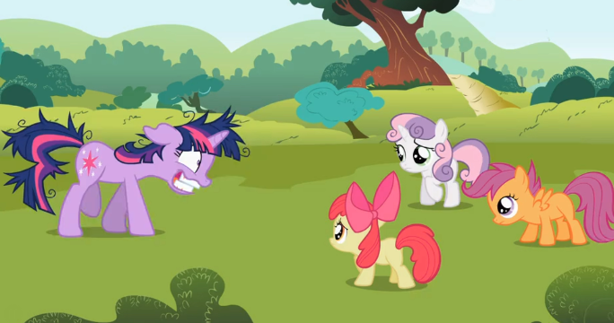 Size: 684x360 | Tagged: safe, derpibooru import, screencap, apple bloom, scootaloo, sweetie belle, twilight sparkle, pony, unicorn, lesson zero, crazy face, faic, floppy ears, messy mane, twilight snapple, unicorn twilight