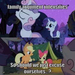 Size: 710x710 | Tagged: safe, derpibooru import, edit, edited screencap, screencap, apple bloom, applejack, rarity, sweetie belle, pony, unicorn, sisterhooves social, argument, awkward moment, camping, caption, female, filly, food, funny, heartbreak, image macro, mare, marshmallow, meme, night, siblings, sisters, tent, text, uncomfortable, x intensifies