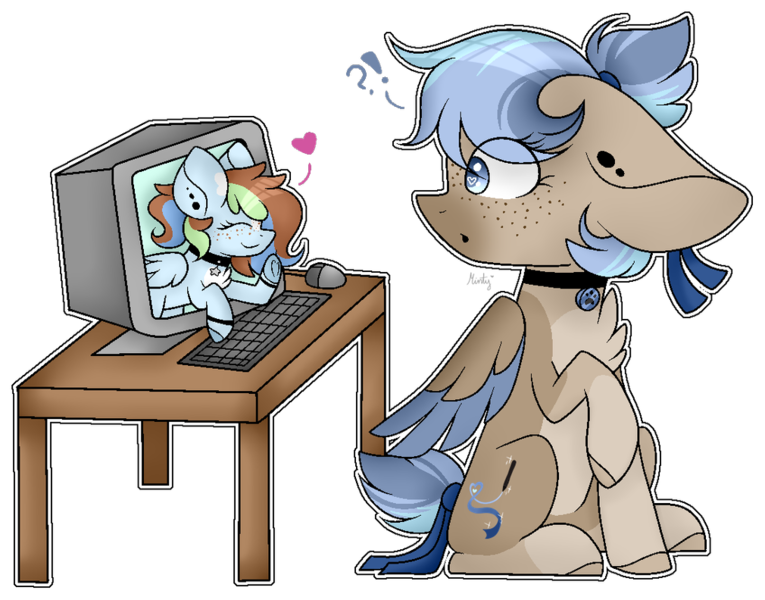 Size: 1010x792 | Tagged: safe, artist:mintoria, derpibooru import, oc, oc:emily, oc:sugar sketch, unofficial characters only, pegasus, pony, computer, female, keyboard, mare, simple background, transparent background