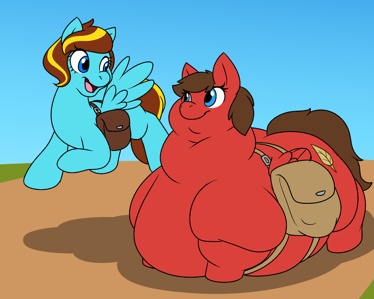 Size: 1280x1024 | Tagged: suggestive, artist:jouigidragon, derpibooru import, oc, oc:cloudbow rose, oc:redbow rose, unofficial characters only, pegasus, pony, bag, belly, belly bed, big belly, bingo wings, double chin, duo, duo female, fat, fat fetish, female, fetish, flying, huge belly, impossibly large belly, looking at each other, mare, obese, saddle bag, smiling