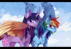 Size: 900x622 | Tagged: safe, artist:castaspellliana, derpibooru import, rainbow dash, twilight sparkle, twilight sparkle (alicorn), alicorn, pegasus, pony, alternate design, cloud, curved horn, duo, female, horn, mare, open mouth, sky, spread wings, wings