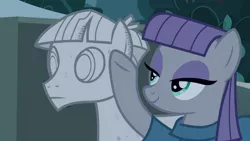 Size: 1920x1080 | Tagged: safe, derpibooru import, screencap, maud pie, mudbriar, earth pony, pony, student counsel, adoration, agalmatophilia, bedroom eyes, boyfriend and girlfriend, caress, clothes, everfree forest, female, fond, lidded eyes, male, mare, mouth closed, night, petrification, raised hoof, rock, rockbriar, shipping, smiling, stallion, statue, straight, that pony sure does love rocks, underhoof, when she smiles