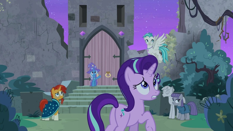 Size: 1920x1080 | Tagged: safe, derpibooru import, screencap, maud pie, mudbriar, starlight glimmer, sunburst, terramar, trixie, classical hippogriff, hippogriff, pony, student counsel, boyfriend and girlfriend, clothes, cutie mark, flying, glasses, night, petrification, pointing, raised eyebrow, raised hoof, robe, rockbriar, spread wings, wings