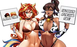 Size: 1000x615 | Tagged: absolute cleavage, artist:jadenkaiba, bell, bell collar, belly button, big breasts, boob squish, breasts, busty sunset shimmer, cleavage, clothes, collar, costume, cowbell, cow ears, cowprint, derpibooru import, evening gloves, fan no hitori, fingerless elbow gloves, fingerless gloves, gloves, human, humanized, korra, long gloves, nudity, panties, pony ears, sexual engineering, slave, slutset shimmer, slutty sunset shimmer, socks, suggestive, sunset shimmer, the legend of korra, thigh highs, underwear